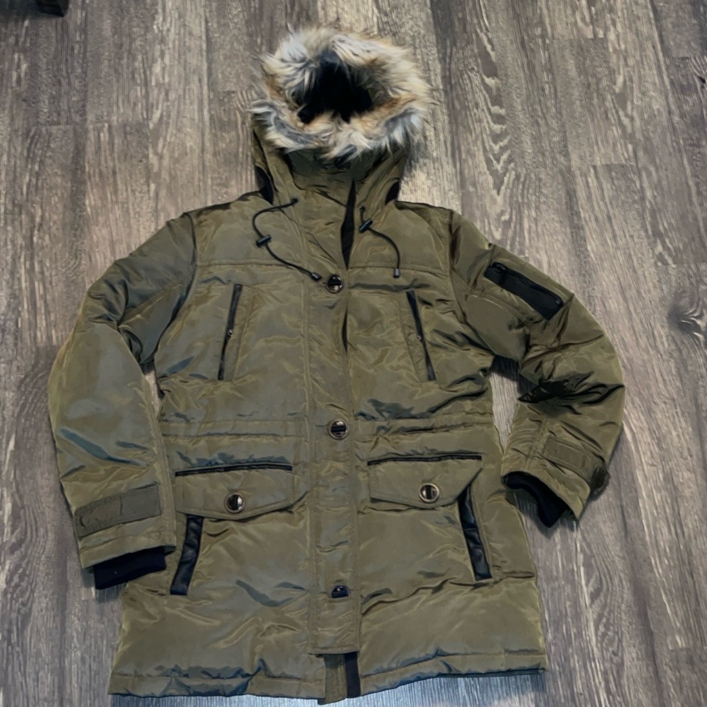 Rainforest Sage Green Iridescent Jacket With Fur Hood Size:M